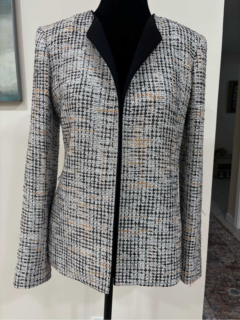 Kasper Multicolor Tweed Open-Front Blazer with Black Trim